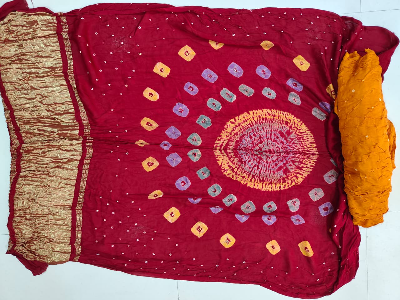 Yellow Red Colour Shibori Saree